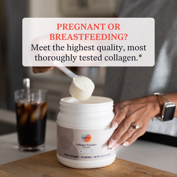 A static 1:1 image featuring a clean product placement of Collagen Peptides being scooped, overlaid with a text-based hook targeting a specific demographic.